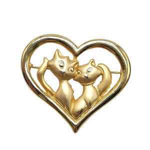 Danecraft Couple Cats Heart Brooch Pin Gold Tone Vintage